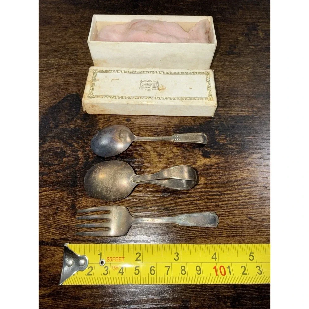 Vintage Arthur A Everts Co Dallas TX Child Silverplate Spoon Fork Baby Set W Box